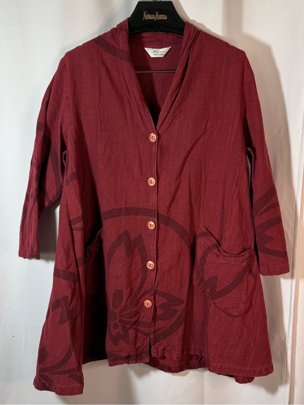 Mao Mam Maroon A-Line Button-Front Jacket Tunic with Pockets